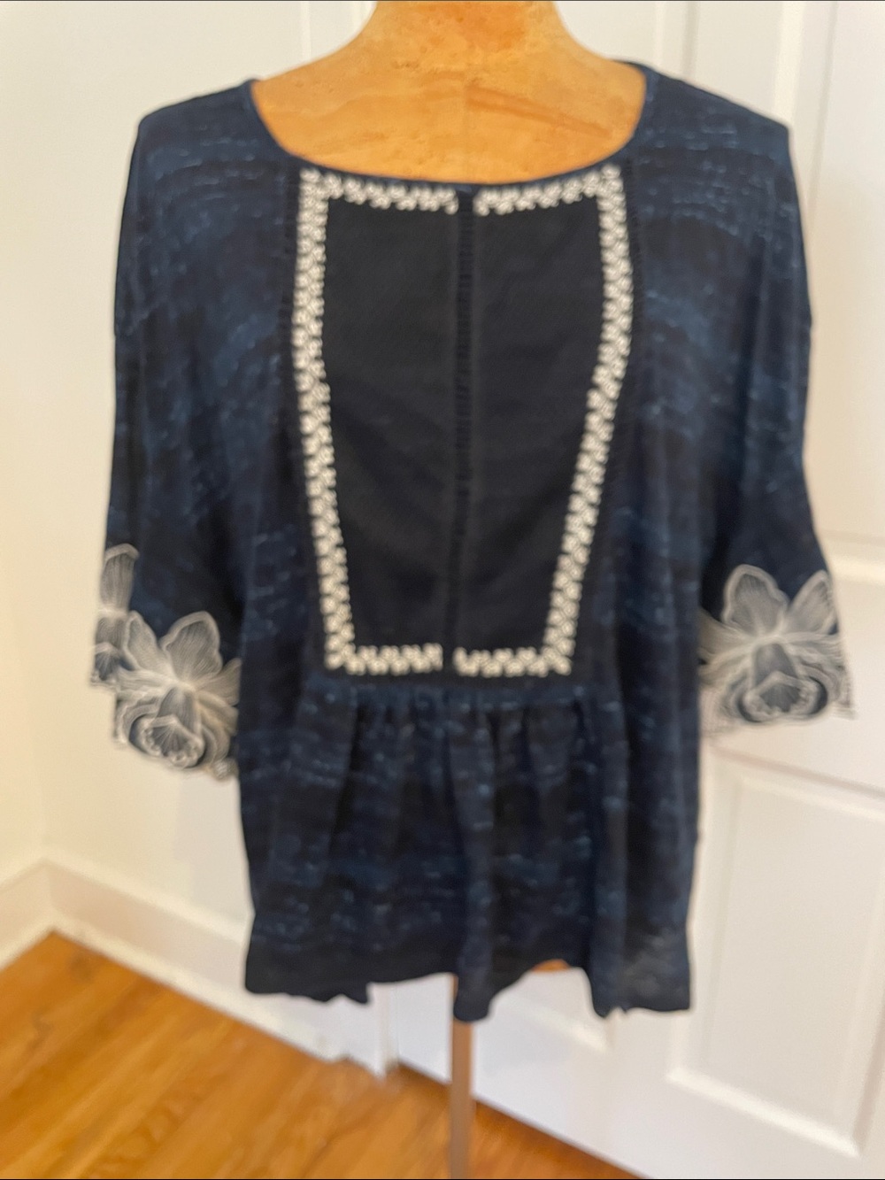 Pilcro Navy Embroidered Peasant Tunic with White Trim XL